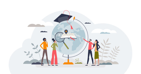 Global education and learning abroad for knowledge tiny person concept, transparent background. Study in university for academic wisdom illustration. Travel to get diploma and college graduation. - obrazy, fototapety, plakaty