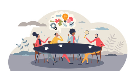 Collaboration and business team meeting with discussion tiny person concept, transparent background. Company partnership and new idea generation with colleague brainstorm process illustration.