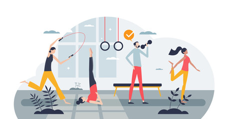 Naklejka na ściany i meble Health and fitness exercises in sport activity gym tiny person concept, transparent background.Weight loss and strength gain with body training and physical aerobics illustration.