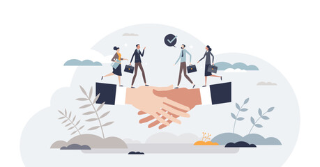 Obraz na płótnie Canvas Partnership and business partners deal or agreement tiny person concept, transparent background.Successful company collaboration with cooperation or teamwork illustration.