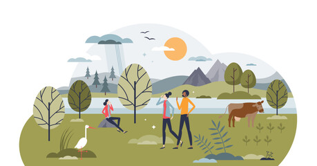 Nature and green environment beauty in ecological field tiny person concept, transparent background. Animals and birds flora or fauna protection, respect and conservation illustration.