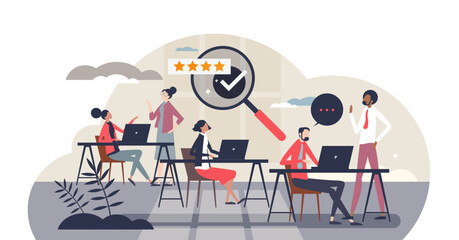 HR monitoring or human resources staff surveillance tiny person concept, transparent background. Job quality assurance and performance research illustration. Professional personnel productivity check.