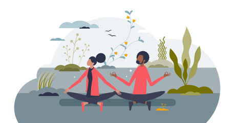 Meditation as process for peace, calm body and mind tiny person concept, transparent background.Mindfulness practice for couples illustration.
