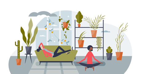 Mental peace and body relaxation at home for couple tiny person concept, transparent background.Positive mind relief with meditation mindset illustration.