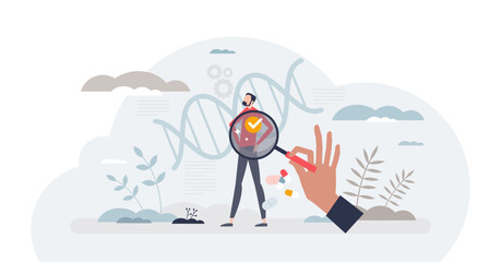 Personalized medicine as individual gene profile checkup tiny person concept, transparent background. Disease, illness or health problems prevention with full DNA diagnosis illustration.