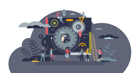 Productivity and company work efficiency management tiny person concept, transparent background. Performance progress with effective task control and teamwork illustration.