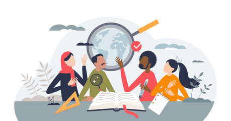 International learning and global academic education tiny person concept, transparent background. Travel for knowledge and study in university illustration. Various social groups.