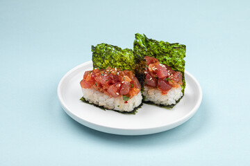 Portion of japanese hand rolls with spicy tuna fish