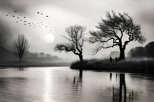 Black and white landscape image of a lake with trees and birds in the background, generative ai