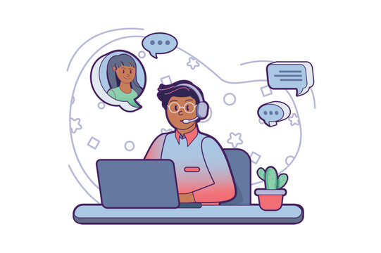 Online support concept with people scene in the flat cartoon style. A support worker helps the client over the phone. Vector illustration.