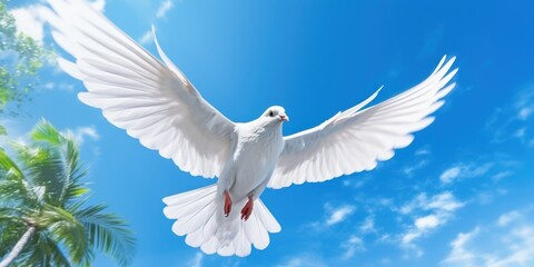 Obraz premium White Dove Flying on Blue Sky Background, Bird of Peace Symbol, International Peace Day. Generative Ai