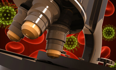 Microscope on virus background. 3d illustration..