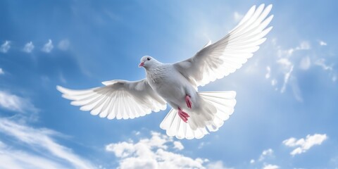 Obraz premium White Dove Flying on Blue Sky Background, Bird of Peace Symbol, International Peace Day. Generative Ai