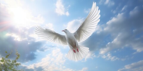 Fototapeta premium White Dove Flying on Blue Sky Background, Bird of Peace Symbol, International Peace Day. Generative Ai