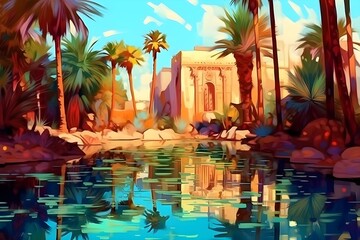 Abstract art. Colorful painting art of an oasis in the desert. Background illustration