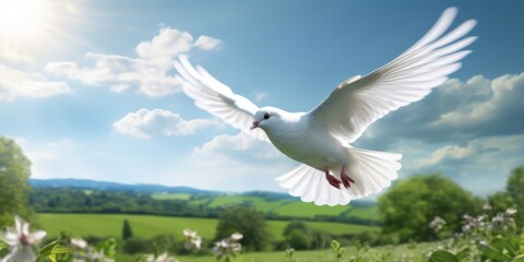 White Dove Flying on Green Field Background, Bird of Peace Symbol, International Peace Day. Generative Ai