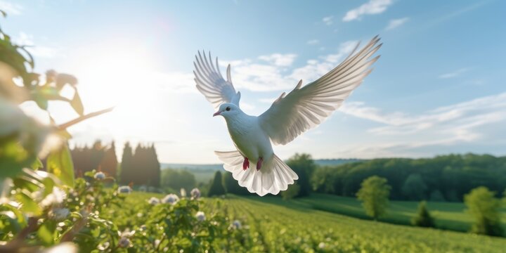 White Dove Flying on Green Field Background, Bird of Peace Symbol, International Peace Day. Generative Ai