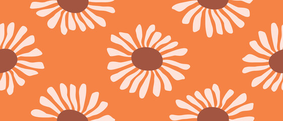 Hand Drawn Irregular Floral Seamless Vector Pattern. Beige-Brown Sunflowers Isolated on a Exuberance Orange Background. Simple Abstract Garden Repeatable Design. Floral Endless Print ideal for Fabric.