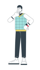 Contemplate pensive young man flat line color vector character. Editable outline full body person on white. Casual guy thinking in full length simple cartoon spot illustration for web graphic design