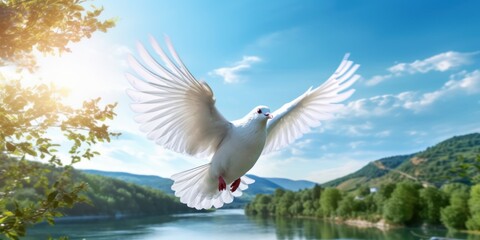 Fototapeta premium White Dove Flying with River and Mountain Background, Bird of Peace Symbol, International Peace Day. Generative Ai
