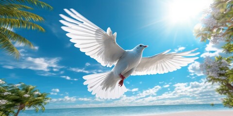 Obraz premium White Dove Flying on Tropical Beach Sea Background, Bird of Peace Symbol, International Peace Day. Generative Ai