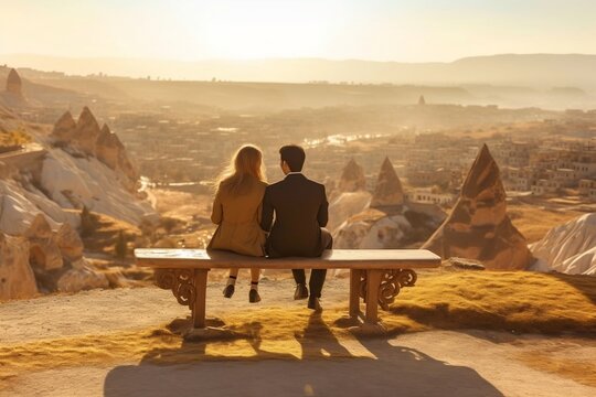 Couple on Bench Overlooking Sunset. Generative AI