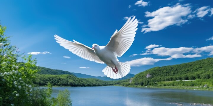 White Dove Flying with River and Mountain Background, Bird of Peace Symbol, International Peace Day. Generative Ai