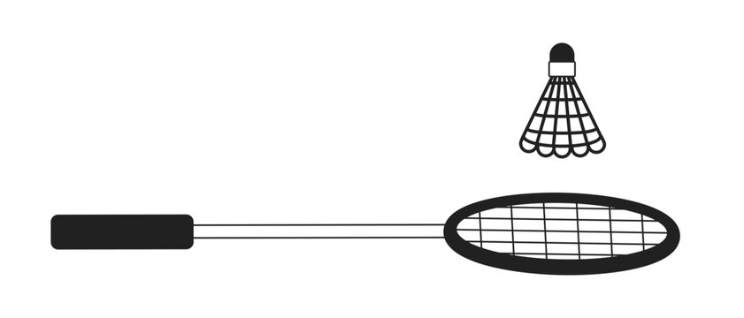 Badminton racquet and shuttlecock monochrome flat vector object. Badminton sports equipment. Editable black and white thin line icon. Simple cartoon clip art spot illustration for web graphic design