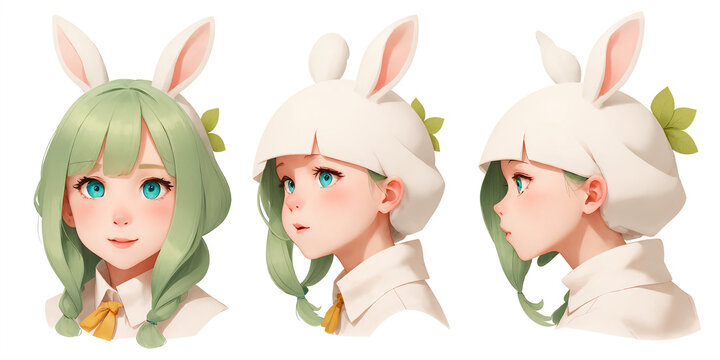 Character concept sheet in different viewing angles of a cute anime girl with bunny ears generative ai