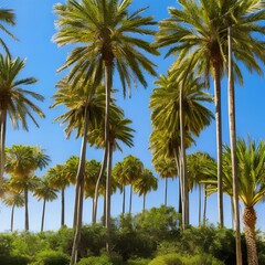 518 Tropical Palm Trees: A vibrant and tropical background featuring tall palm trees against a clear blue sky in vivid and tropical colors that create a relaxing and exotic atmosphere1, Generative AI