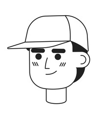 Confident smiling coach man wearing baseball cap monochrome flat linear character head. Courier. Editable outline hand drawn human face icon. 2D cartoon spot vector avatar illustration for animation
