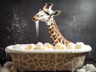 Cute giraffe taking a bath in the bathtub. Animal cartoon concept isolated. Can used for t-shirt, greeting card, invitation card or mascot. Generative AI