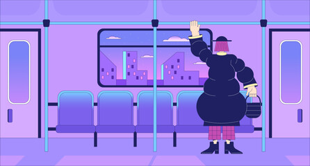 Suburban railway passenger lo fi chill wallpaper. Female metro passenger standing in train 2D vector cartoon character illustration, vaporwave background. 80s retro album art, synthwave aesthetics
