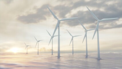 Camera pulls back through rotating blades of a wind turbine in an offshore wind farm in the sea against low sun. Green and renewable energy concept. Realistic high quality 3d animation.