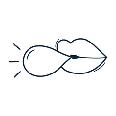 Lips with bubble gum doodle icon. Hand drawn outline mouth illustration. Retro symbol contour drawing