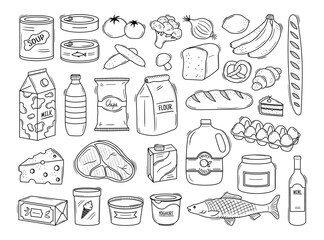 Set of hand drawn supermarket products illustrations. Food doodle sketches. Outline cans, vegetables, fruits, steak, milk, fish, eggs and other grocery items. Vector cooking ingredients © Olga