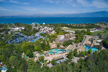 Drone view of an amusement park, Lake Garda Italy. Panorama of Lake Garda Italy. Amusement park...