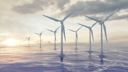 Camera pulls back through rotating blades of a wind turbine in an offshore wind farm in the sea against low sun. Green and renewable energy concept. Realistic high quality 3d animation.