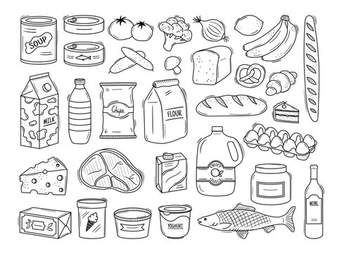 Set of hand drawn supermarket products illustrations. Food doodle sketches. Outline cans, vegetables, fruits, steak, milk, fish, eggs and other grocery items. Vector cooking ingredients