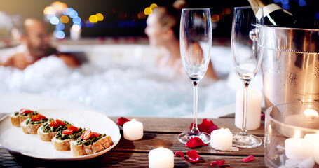 Love, luxury and champagne with hot tub at spa for holiday, romantic vacation and weekend getaway....