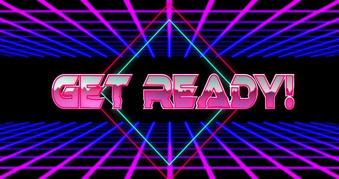 Animation of get ready text over neon lines and grid