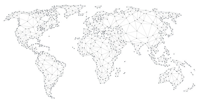 Polygonal world map with lines and dots.