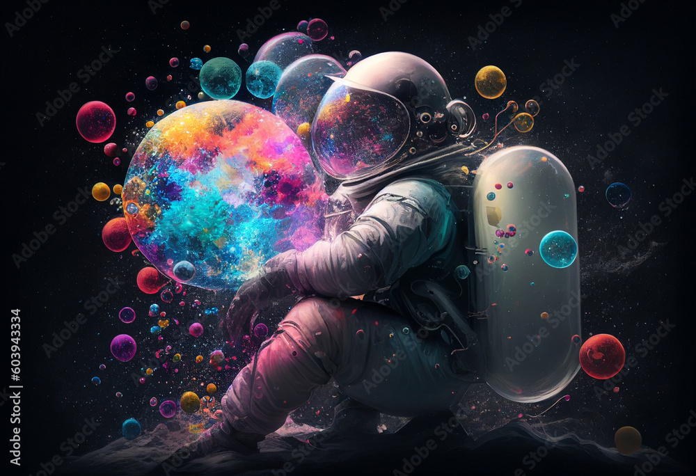 Wall mural astronaut in outer space with colorful planet. 3d rendering generative ai