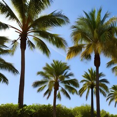 518 Tropical Palm Trees: A vibrant and tropical background featuring tall palm trees against a clear blue sky in vivid and tropical colors that create a relaxing and exotic atmosphere3, Generative AI