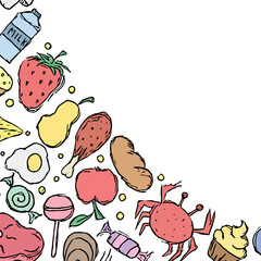 Drawn food background. Doodle food illustration with place for text