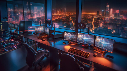 Control room with monitors Big city buildings view outside the window. Big Dark Control and Monitoring Room with Computer Displays-Generative AI