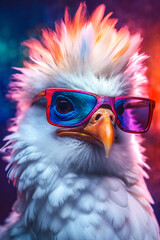 Funny white chicken wearing stylish sunglasses created with Generative Ai technology