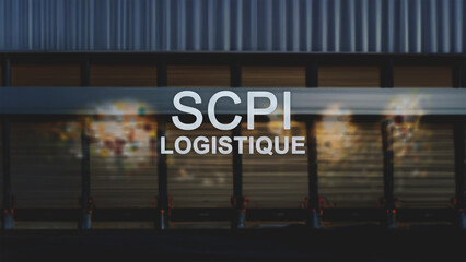 First plan a text : SCPI logistique. On the second plan : a warehouse in the dark. Industrial background. Real Estate Investment Trusts in France. Translation of French: Logistic REIT