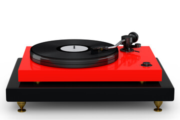 Vinyl record player or DJ turntable with retro vinyl disk on white background.
