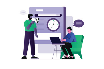 Concept Deadline with people scene in the flat cartoon style. The boss reminds the employee that all tasks must be completed on time. Vector illustration.